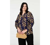 Izabel London Curve Leaf Print Turn-Up Sleeve Blouse - 12/14 - Navy