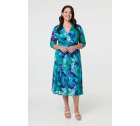 Izabel London Curve Printed Pleated Wrap Midi Dress In Blue Blue
