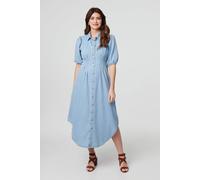 Izabel London Denim 1/2 Puff Sleeve Ruched Maxi Shirt Dress In Light Blue Light Blue