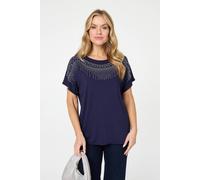 Izabel London Diamante Detail Relaxed Short Sleeve Top In Navy Navy