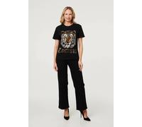 Izabel London Diamante Graphic Print Relaxed T-Shirt - 8 - Black