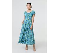 Izabel London Ditsy Floral Bardot Smock Midi Dress - Blue - 12