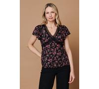 Izabel London Ditsy Floral Cap Sleeve Lace Trim Top In Black Black