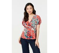 Ditsy Floral Faux Wrap V-Neck Top Izabel London Orange 16