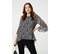 Izabel London Ditsy Floral Flare Sleeve Curve Hem Blouse In Black Black