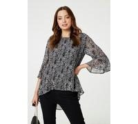Izabel London Ditsy Floral Flare Sleeve Curve Hem Blouse - Black And White - 18