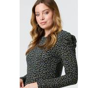 Izabel London Ditsy Floral Ruffled Long Sleeve Top for Women UK with a Round Neck and a Hip Length Hem. Blue