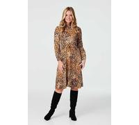 Izabel London Ditsy Print High Neck Tea Dress with Round Neck, Long Sleeves and midi fit. Brown
