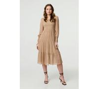 Izabel London Dot Print Semi Sheer Tiered Midi Dress - Beige - 14