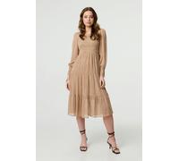 Izabel London Dot Print Semi Sheer Tiered Midi Dress - Beige - 8