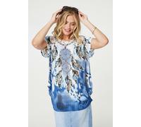Embellished Feather Print Tunic Top Izabel London Blue S/M