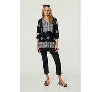 Izabel London Embroidered 3/4 Sleeve Shirred Blouse - 8 - Black
