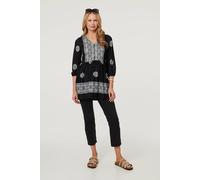 Izabel London Embroidered 3/4 Sleeve Shirred Blouse for Women UK with a Ruched Waist, a v-Neck and Buttons. Black