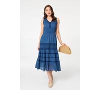 Izabel London Embroidered Tiered Sleeveless Midi Dress - L - Blue