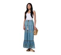 Izabel London Embroidered Tiered Tassel Waist Maxi Skirt Made from 100% Cotton for Women UK with a Frill Hem. Indigo