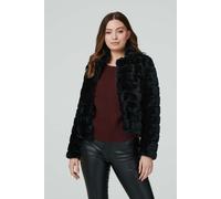 Izabel London Faux Fur Cropped Jacket for Women UK with V-Neck, Collar and Long Sleeves. Black