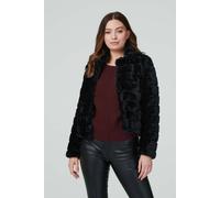 Izabel London Faux Fur Cropped Jacket for Women UK with V-Neck, Collar and Long Sleeves. Black