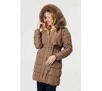 Izabel London Faux Fur Hood Textured Puffer Jacket - 12 - Khaki