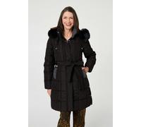 Izabel London Faux Fur Hood Textured Puffer Jacket - 14 - Black