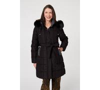 Izabel London Women's Faux Fur Hood Textured Puffer Jacket in Black | Size: 10 Izabel London Black 10