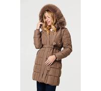 Izabel London Women's Faux Fur Hood Textured Puffer Jacket in Khaki | Size: 12 Izabel London Khaki 12