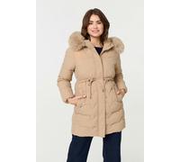 Izabel London Faux Fur Hooded Tie Waist Puffer Jacket - Beige - 10