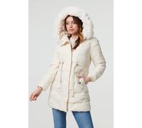Izabel London Faux Fur Hooded Tie Waist Puffer Jacket - Cream - 10