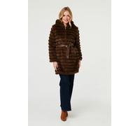 Izabel London Faux Fur Striped Tie Waist Longline Coat - Brown - 18