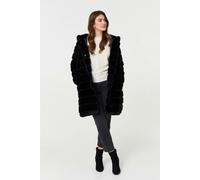 Izabel London Faux Fur Thigh Length Hooded Jacket - Black - 8