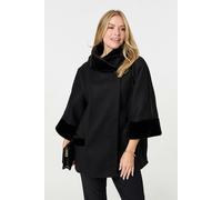 Izabel London Faux Fur Trim 3/4 Sleeve Cape Coat For Women UK with a button, pockets and a thigh length hem.