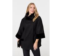 Izabel London Faux Fur Trim 3/4 Sleeve Cape Coat In Black Black S/M