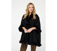Izabel London Faux Fur Trim 3/4 Sleeve Poncho - Black - One