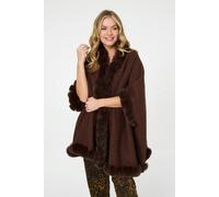 Izabel London Faux Fur Trim 3/4 Sleeve Poncho - Brown - One
