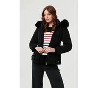 Izabel London Women's Faux Fur Trim Hooded Zip-Up Jacket in Black | Size: Large Izabel London Black L