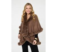 Izabel London Women's Faux Fur Trim Layered Poncho in Medium Beige Izabel London Medium Beige One Size