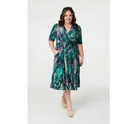 Izabel London Feather Print 1/2 Sleeve Wrap Midi Dress - Green - 12