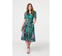 Izabel London Feather Print 1/2 Sleeve Wrap Midi Dress for Women UK with a v-Neck, Pockets and Pleated Front.