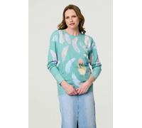 Izabel London Feather Print Diamante Detail Jumper - Sage - L