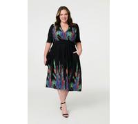 Izabel London Feather Print Faux Wrap Front Midi Dress - Green - 22