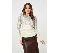 Izabel London Feather Print Long Sleeve Knit Top - Green - M/L