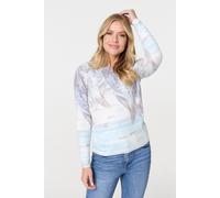 Izabel London Feather Print Long Sleeve Knit Top In Blue Blue L/XL