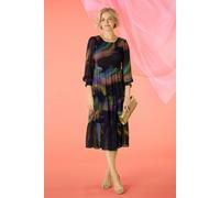 Izabel London Feather Print Midi Smock Dress for Women UK with Round Neck, Long Sleeves and Tiered midi Skirt. Multi Blue