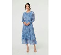 Izabel London Feather Print Sheer Layered Maxi Dress - 16 - Blue