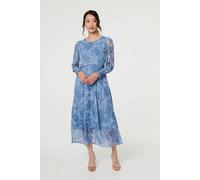 Izabel London Feather Print Sheer Layered Maxi Dress In Blue Blue 10