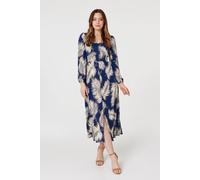 Izabel London Feather Print Split Front Dress for Women UK with v-Neck, Long Sleeves and midi Length Skirt. Navy