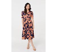 Izabel London Floral 1/2 Sleeve Faux Wrap Midi Dress In Blue Blue 12