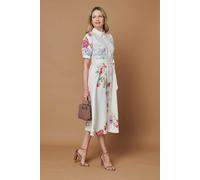Izabel London Floral 1/2 Sleeve Tie Waist Midi Dress - 14 - Beige