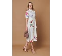 Izabel London Floral 1/2 Sleeve Tie Waist Midi Dress In Beige Beige