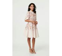 Izabel London Floral 3/4 Puff Sleeve Knee Length Dress for Women UK with a tie Waist, Buttons and a-line Shape. Cream