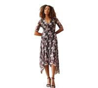 Izabel London Floral 3/4 Sleeve Hanky Hem Dress with v-Neck, Sheer Sleeve and midi Skirt. Multi Black